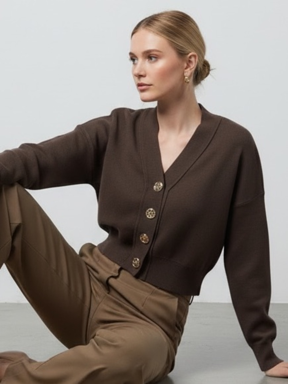 1651 • Dark Brown Rayon Blend V Neck Cardigan w/Crumpled Gold Buttons